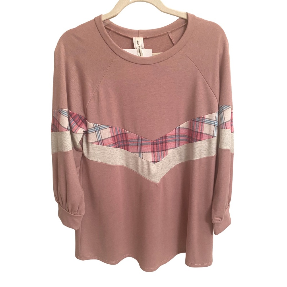 NOW N FOREVER Blush Pink Plaid Chevron Blocked Top 3/4 Sleeve Comfy Medium NEW